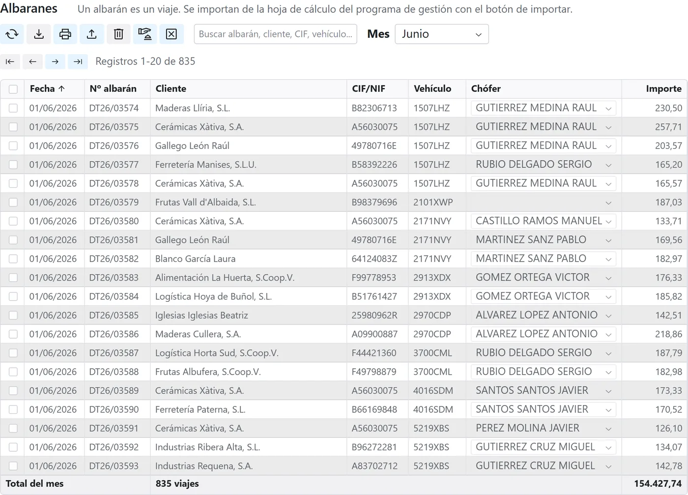 Albaranes importados de junio, con el botón de importar en la barra