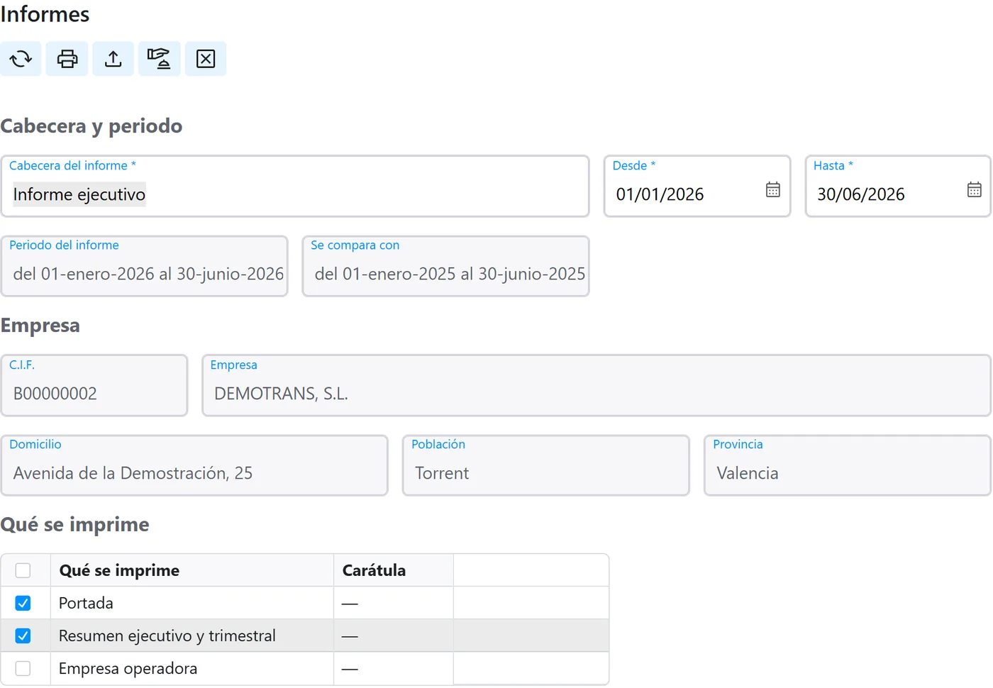 Informes: cabecera, período y qué partes se imprimen